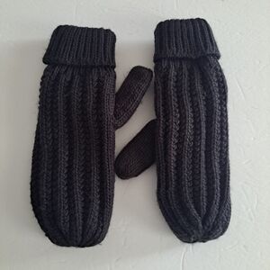 Black Knit Mittens Gloves Black Fleece Lining Warm Comfy Women Teens One Size
